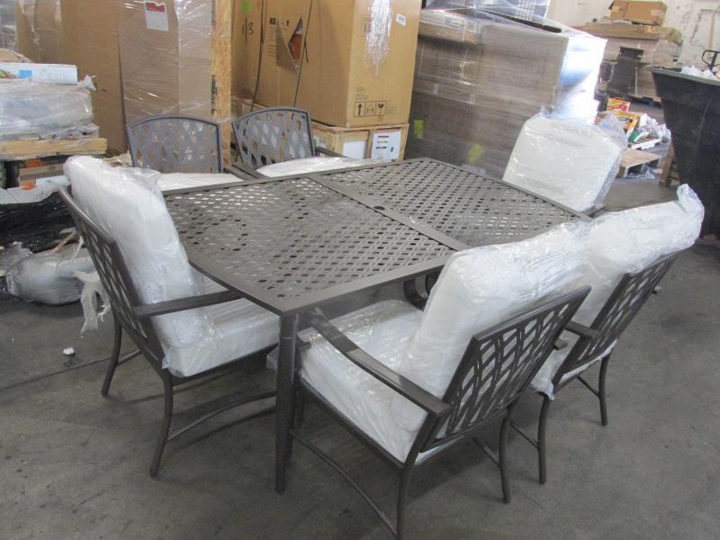 Hampton Bay Oak Cliff 7 Piece Metal Outdoor Dining Set With Bare Cushions 741609 Appears New Auction Auction Nation