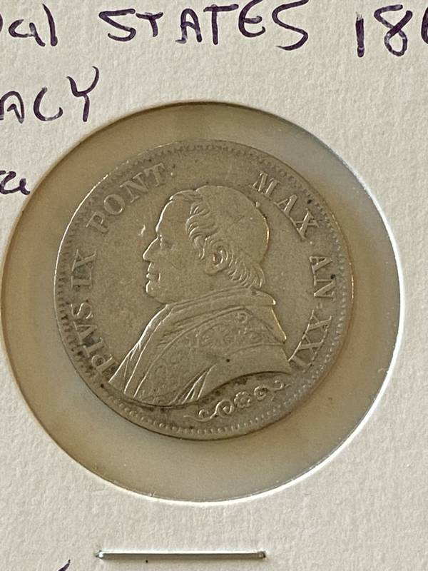 1866 Papal States Italy 1 Lira Silver Coin Very Fine Condition
