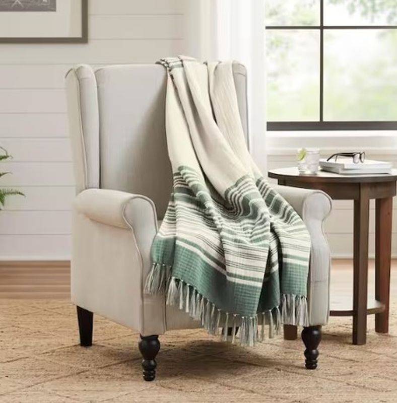 StyleWell Green Stripe Turkish Cotton Gauze Throw Blanket with Fringe  Auction